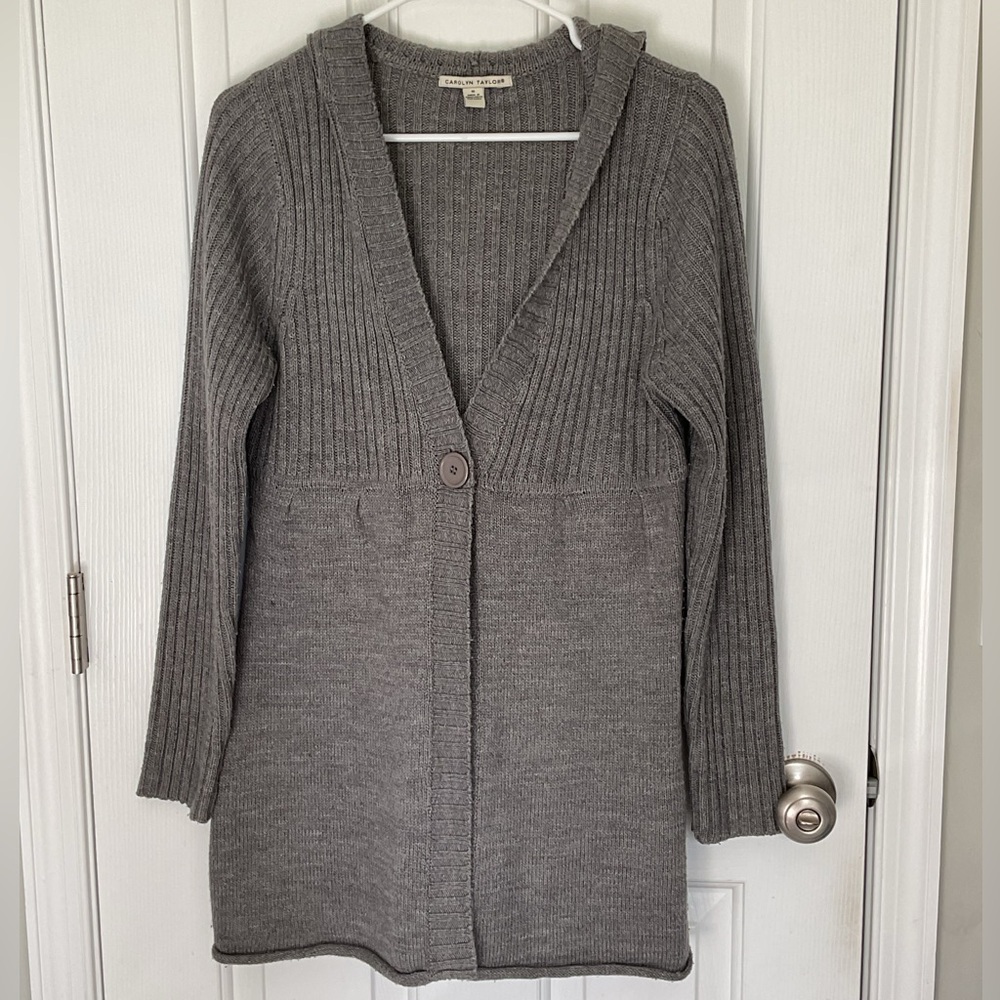Carolyn Taylor Gray Ribbed Knit Hooded Cardigan
